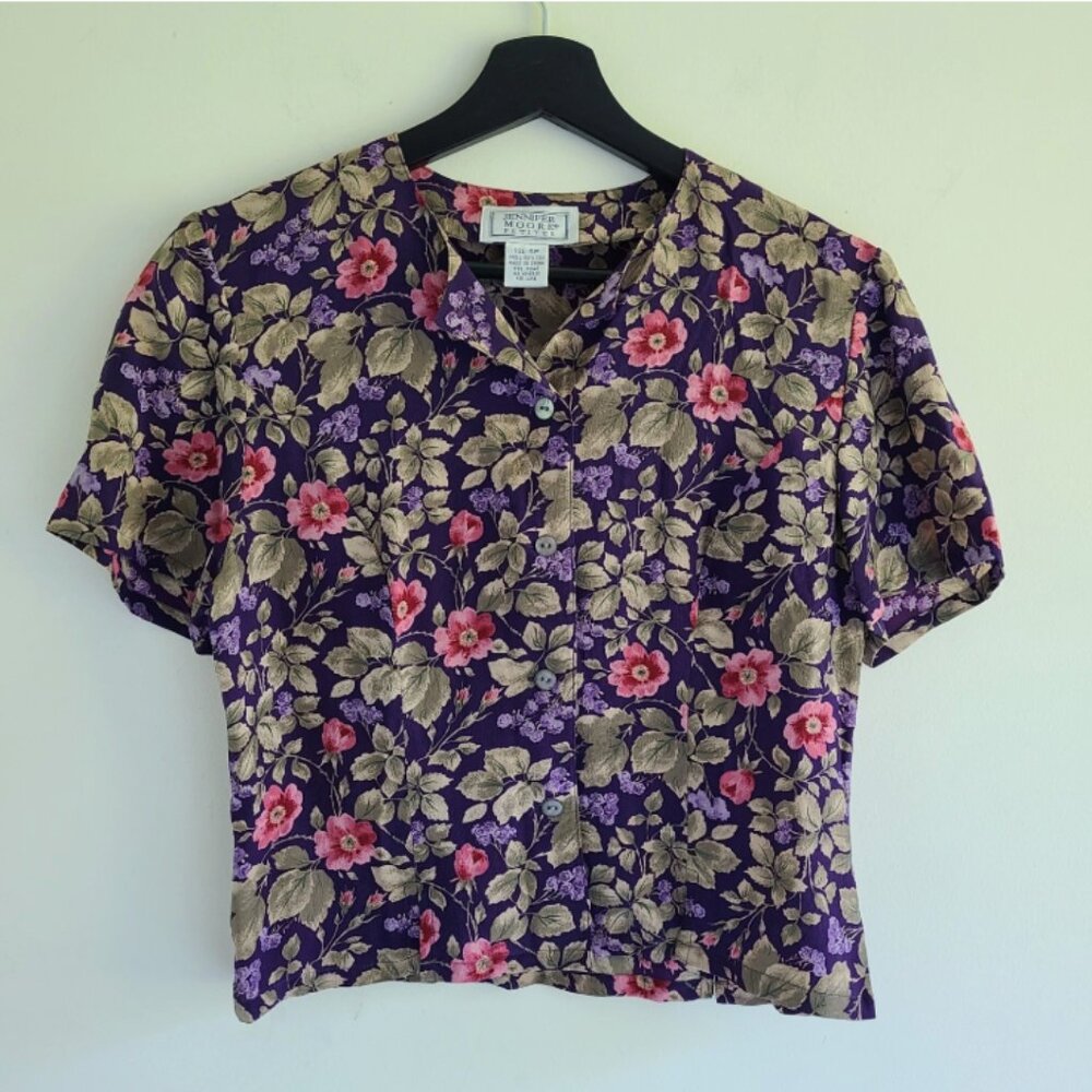 Vintage Floral Silk Cropped Blouse 4P Petite Button Front Dark Fairy Forest Y2K